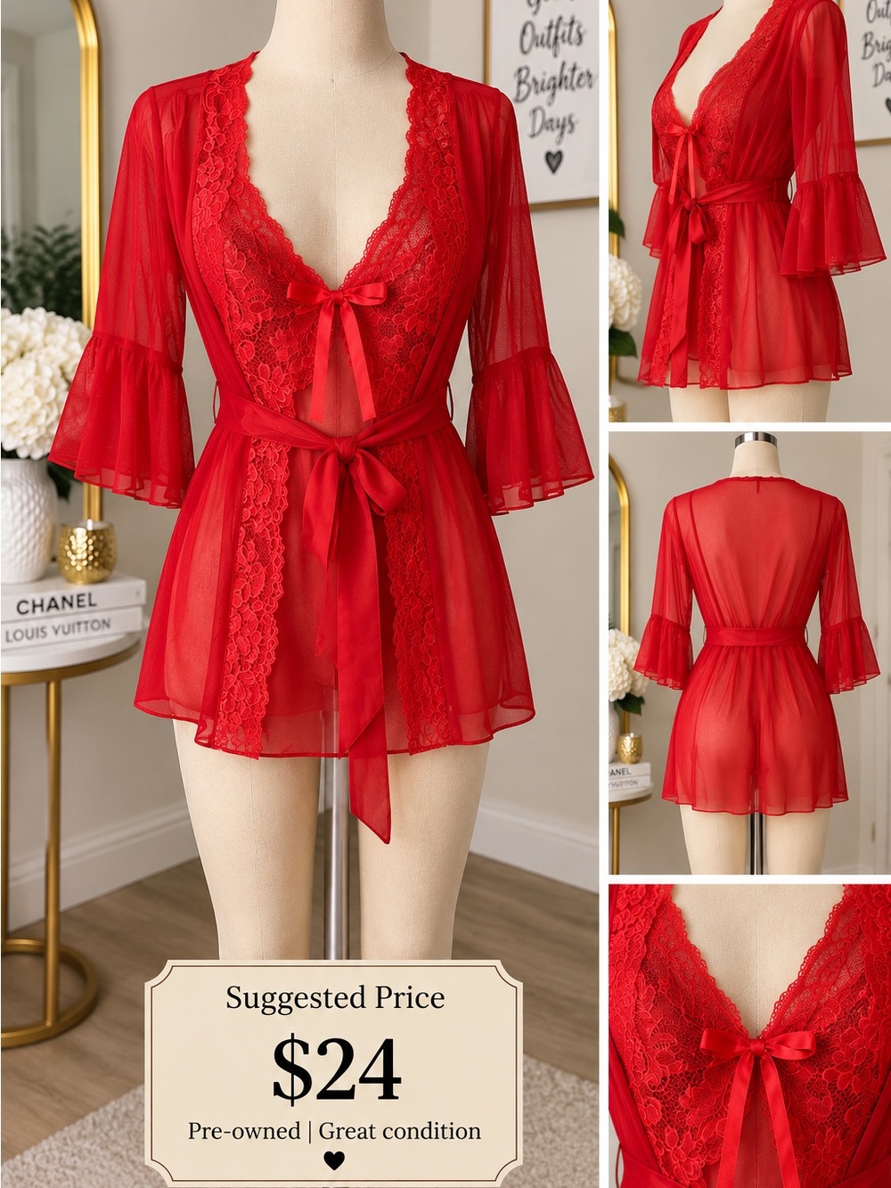 Sheer Lace Tie-Front Babydoll Robe - Red